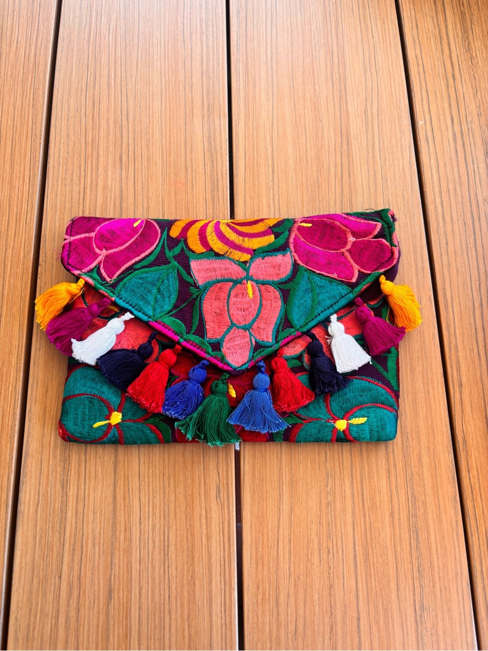 MEXICANA Hand-Embroidered Floral Tassel Envelope Clutch - Green & Multicolor
